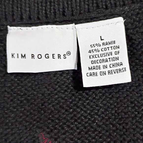 Ugly Christmas Sweater Vest Large Poinsettias Beaded Ornaments Kim Rogers Black - Picture 2 of 15